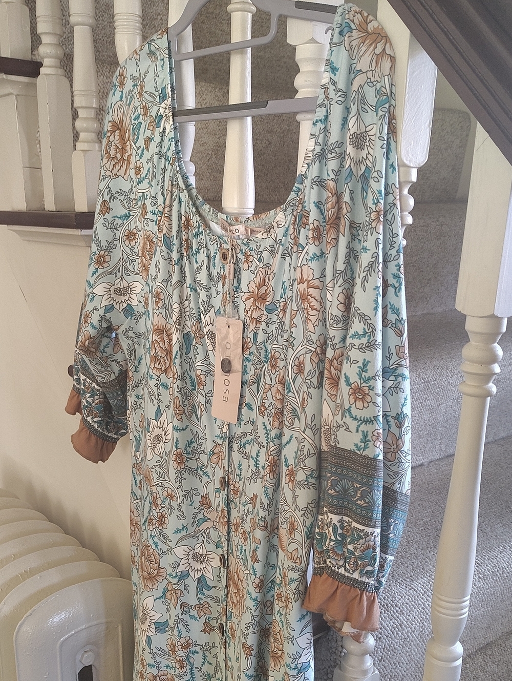 Floral Scoop-Neck Dress in Light Blue and Tan